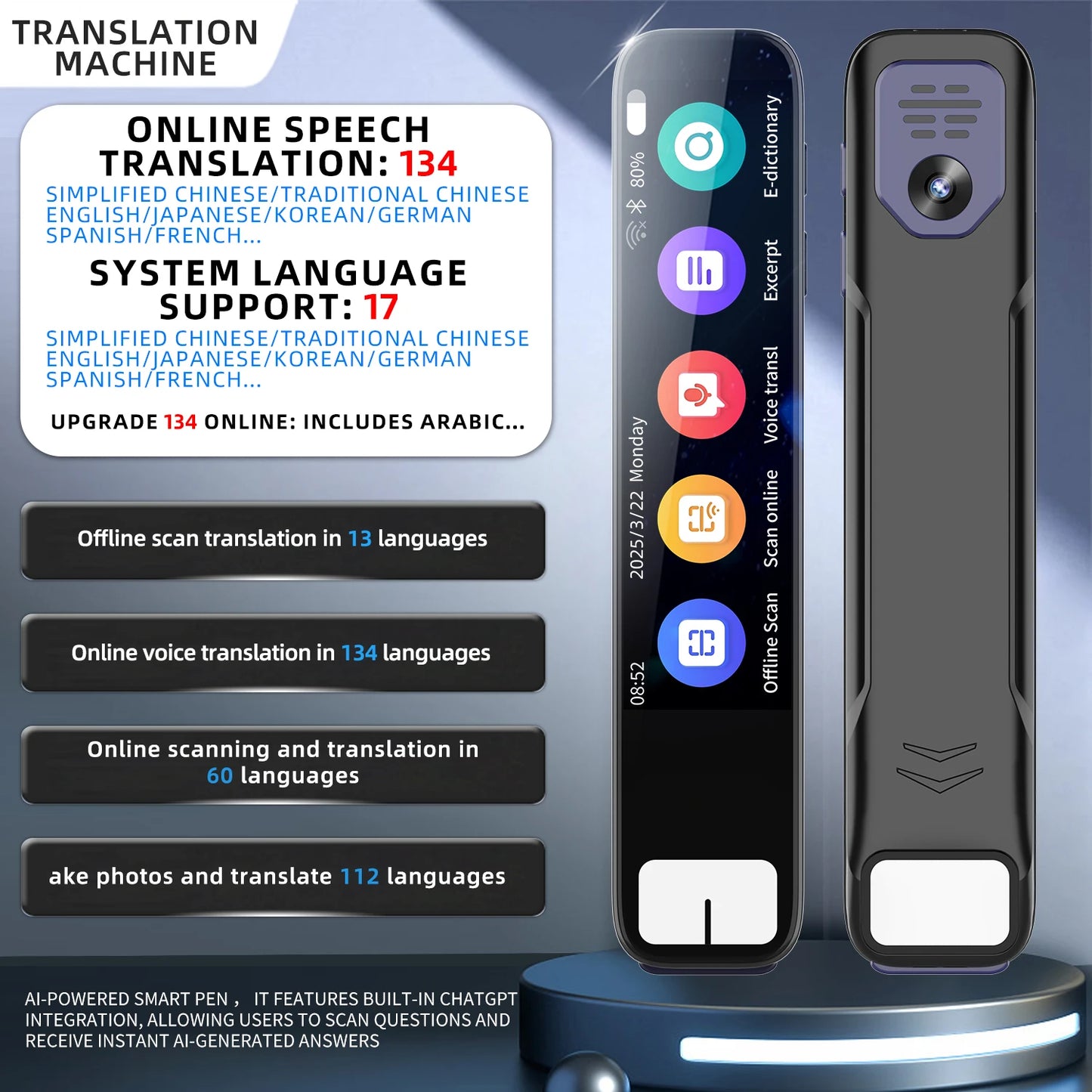 2025Smart Electronic Pocket AI GPT Voice Translator Pen Multilingual Instant Translation Innovative ChatGPT Scan Pen for Student